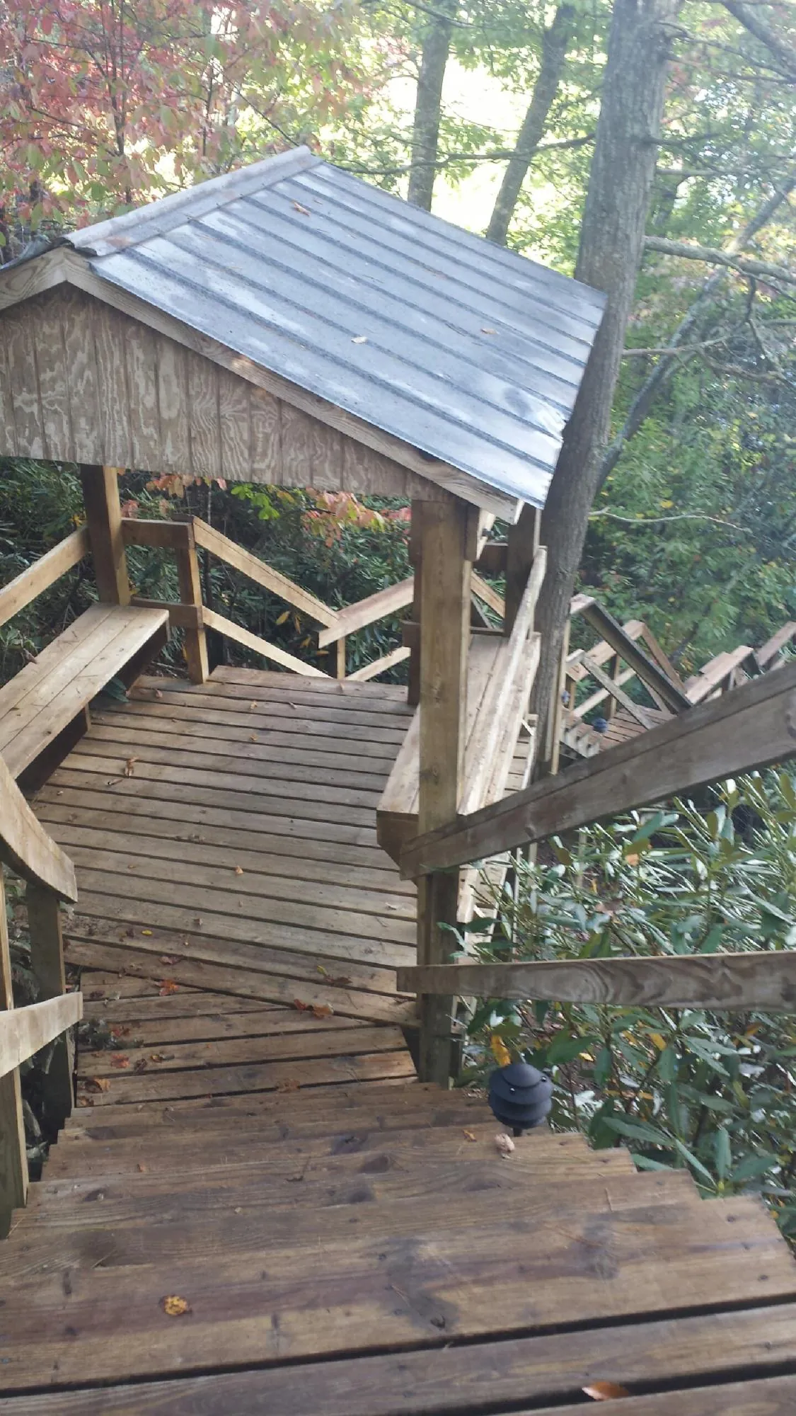 Metal roofed shelter over wooden steps on a wooded walkway — Skylight Repair & Installation work by our crew in Hartford City